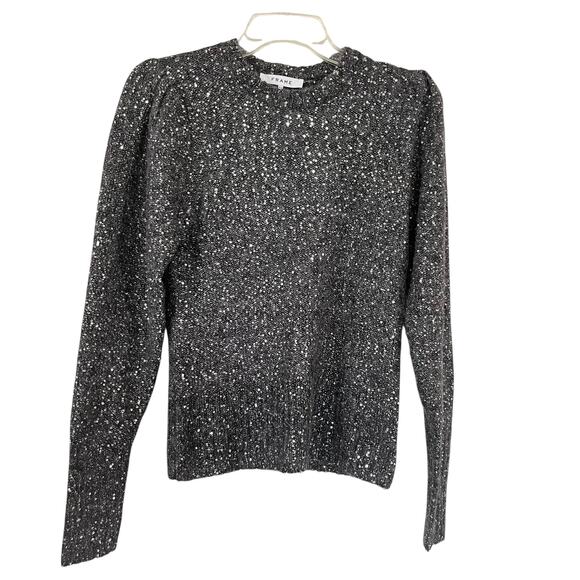 Frame Sequin Puff Sleeve Wool Crewneck Sweater in Smoke Gray Heather Size Small - Picture 2 of 7